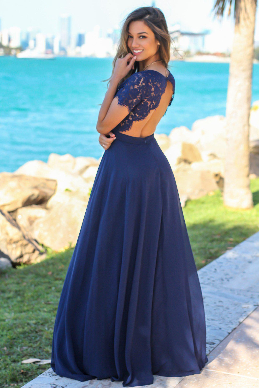 Navy Maxi Dress with Open Back and Lace Detail | Maxi Dresses Saved by the Dress Navy Maxi Dress with Open Back and Lace Detail | Maxi Dresses Saved by the Dress