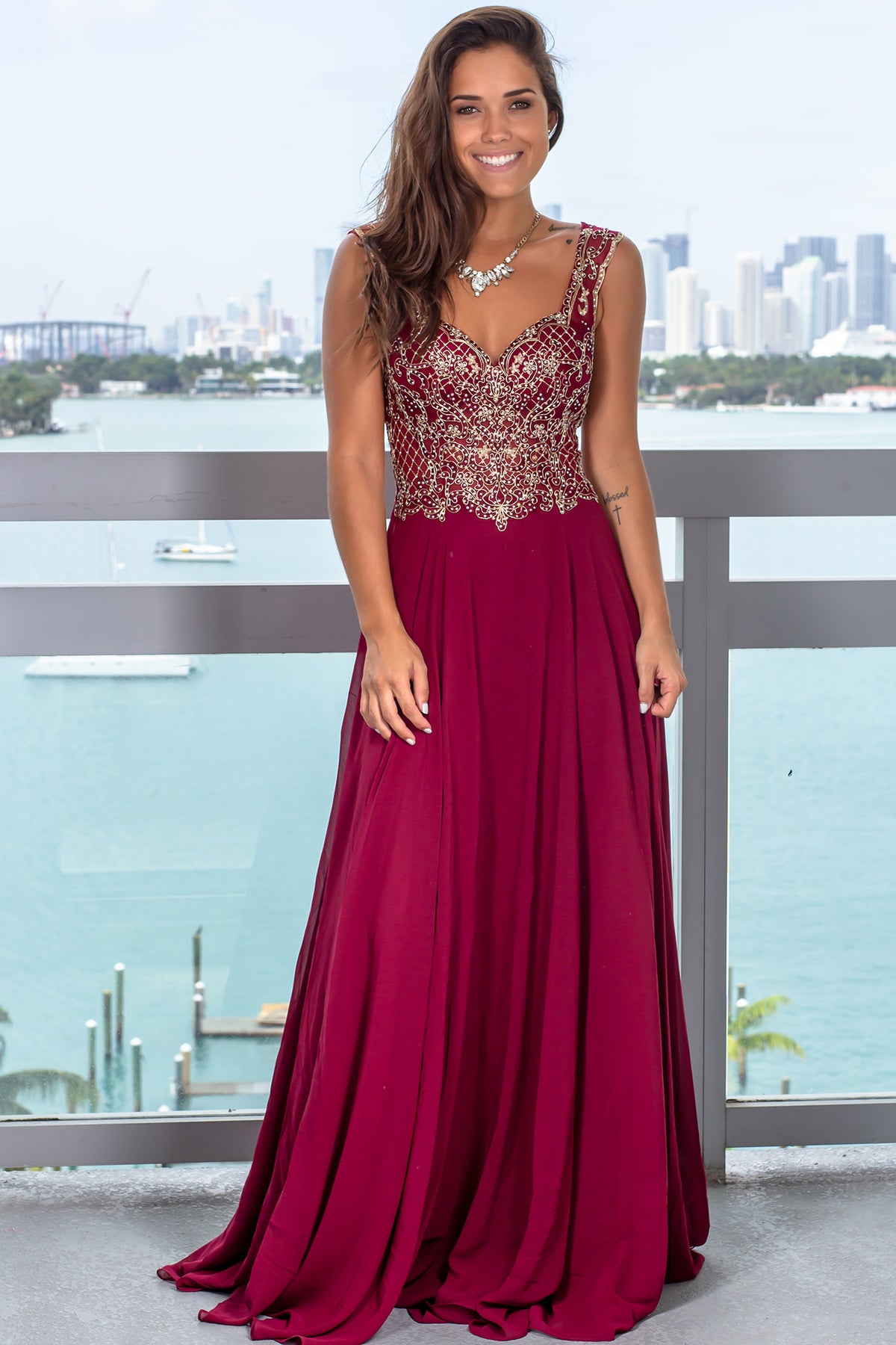 Wine Maxi Dress with Jewel Embroidered Top | Formal Dresses – Saved by ...