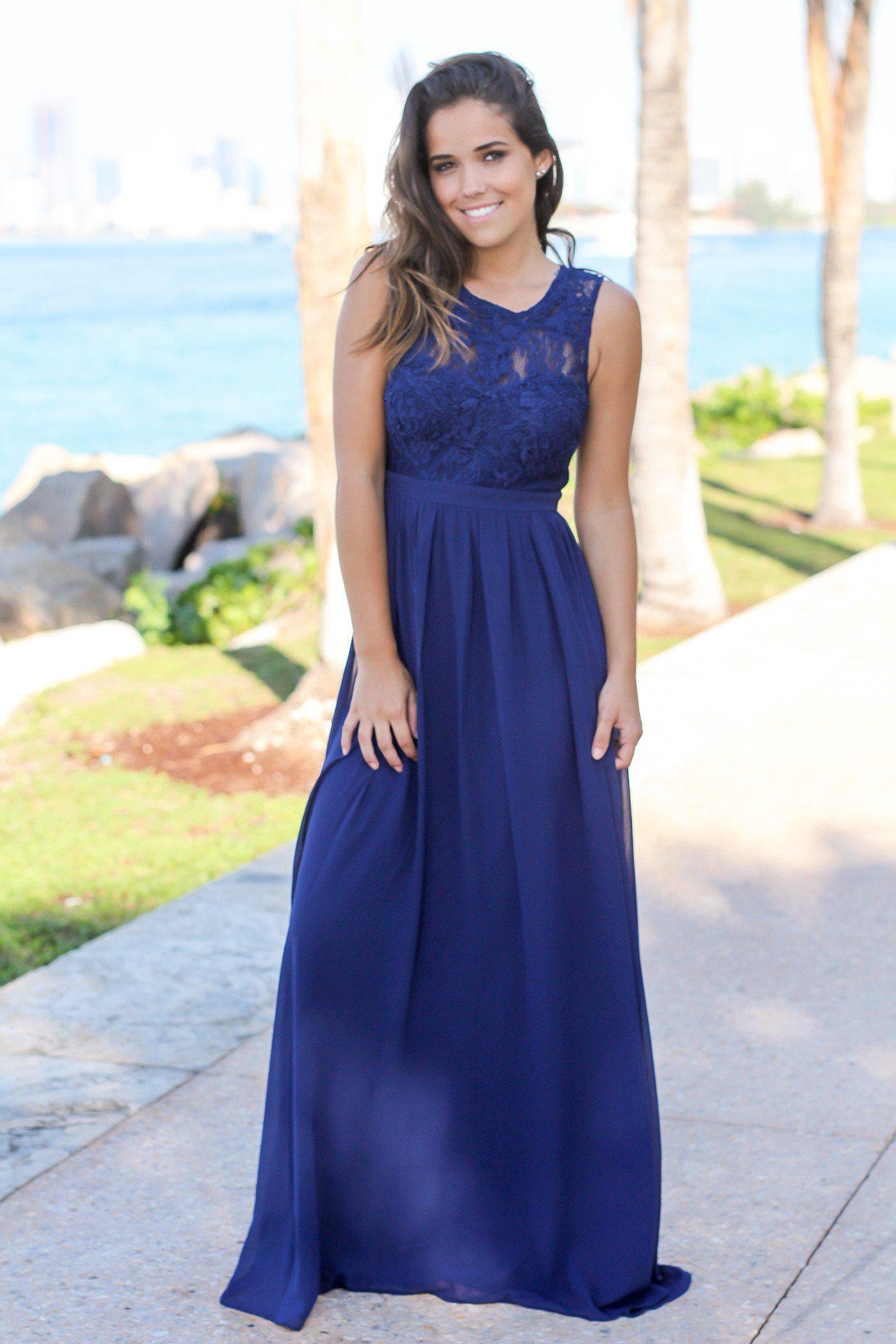 Navy Chiffon Maxi Dress with Lace Top | Bridesmaid Dresses Saved by the Dress Navy Chiffon Maxi Dress with Lace Top | Bridesmaid Dresses Saved by the Dress