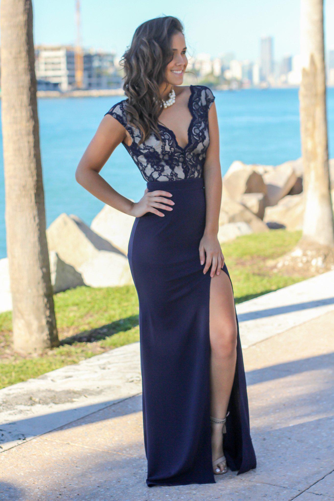 Navy Lace Top Maxi Dress with Side Slit | Formal Dresses Saved by the Dress Navy Lace Top Maxi Dress with Side Slit | Formal Dresses Saved by the Dress