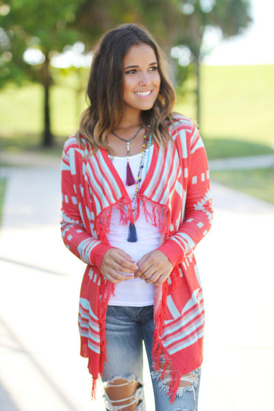 Coral and Mint Fringe Cardigan