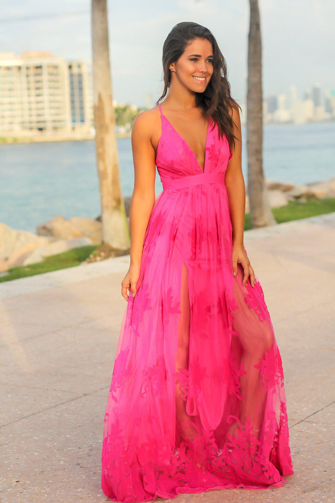 Fuchsia Floral Tulle Maxi Dress with Criss Cross Back | Maxi