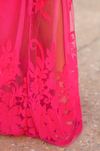 Fuchsia Floral Tulle Maxi Dress with Criss Cross Back