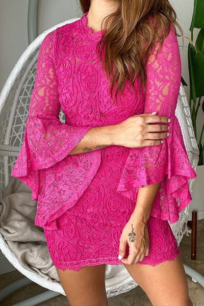 Fuchsia Lace Short Dress with Bell Sleeves