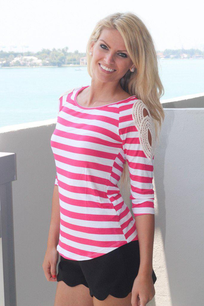 Fuchsia Striped Top With Crochet Shoulder