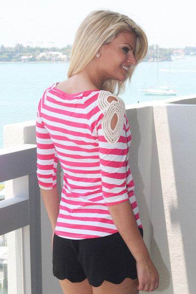Fuchsia Striped Top With Crochet Shoulder