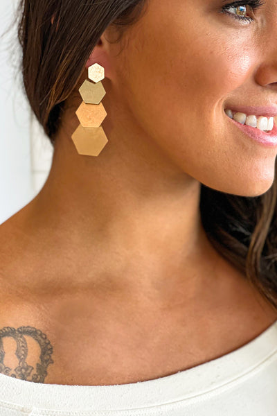 Gold Linked Hexagon Drop Earrings