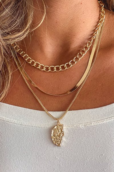 Gold Three Row Necklace with Chunky Link Chain