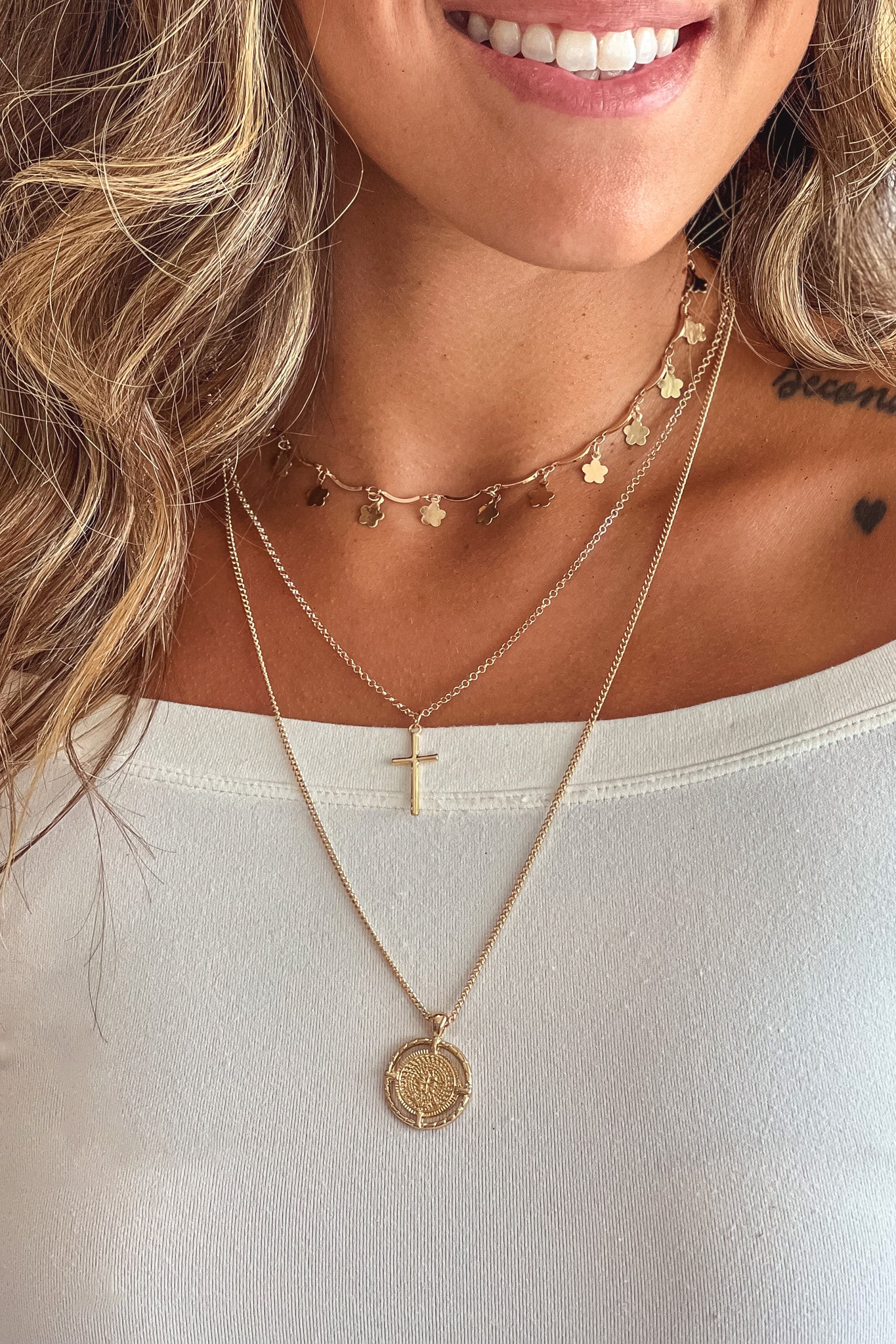 Gold Three Row Necklace with Pendants