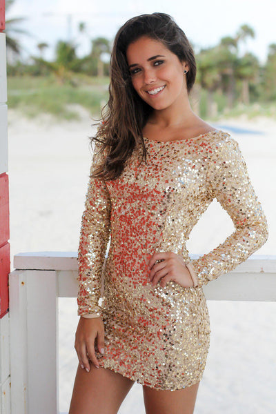 Gold Sequined Short Dress with Long Sleeves