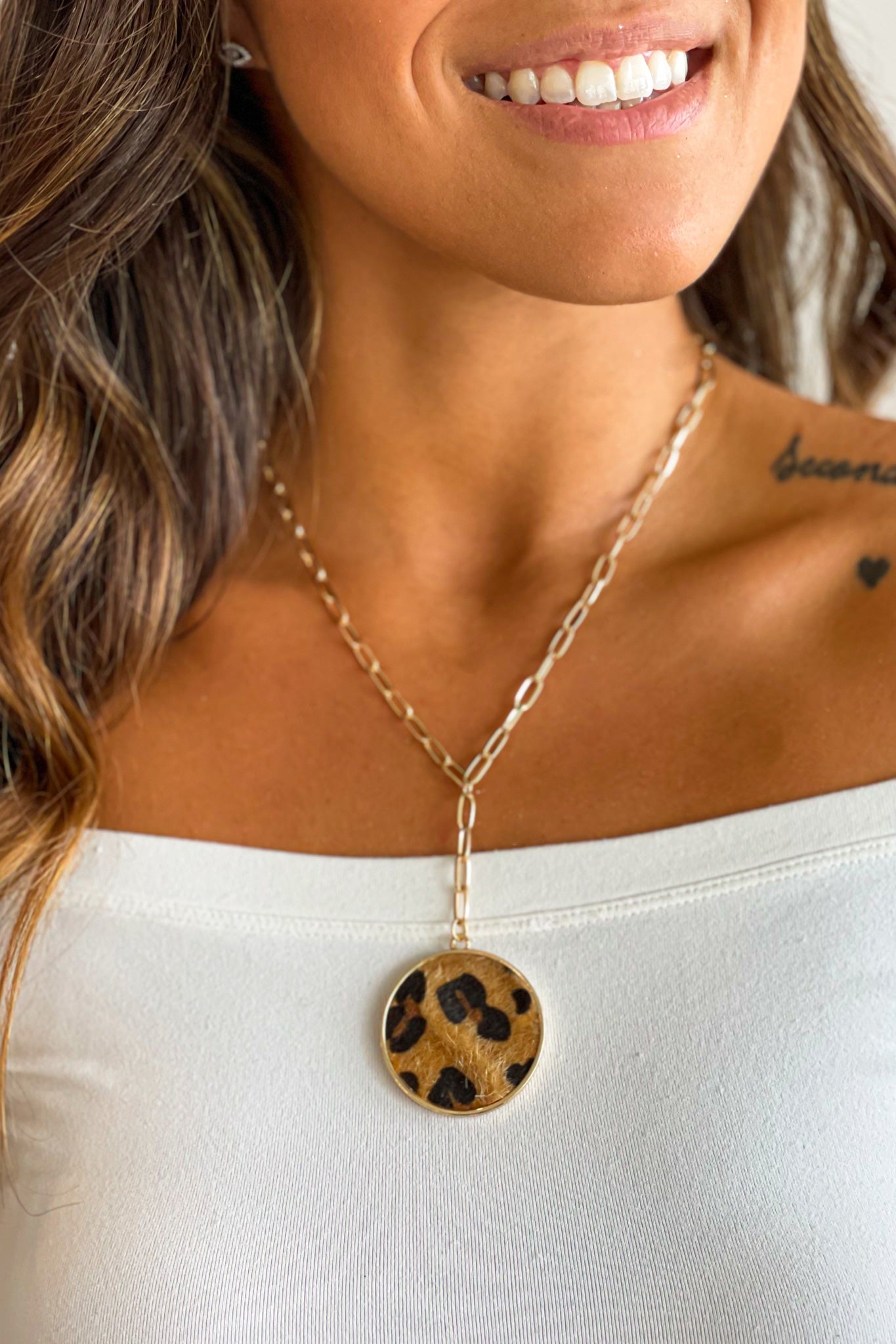 Gold and Brown Round Animal Print Pendant Necklace