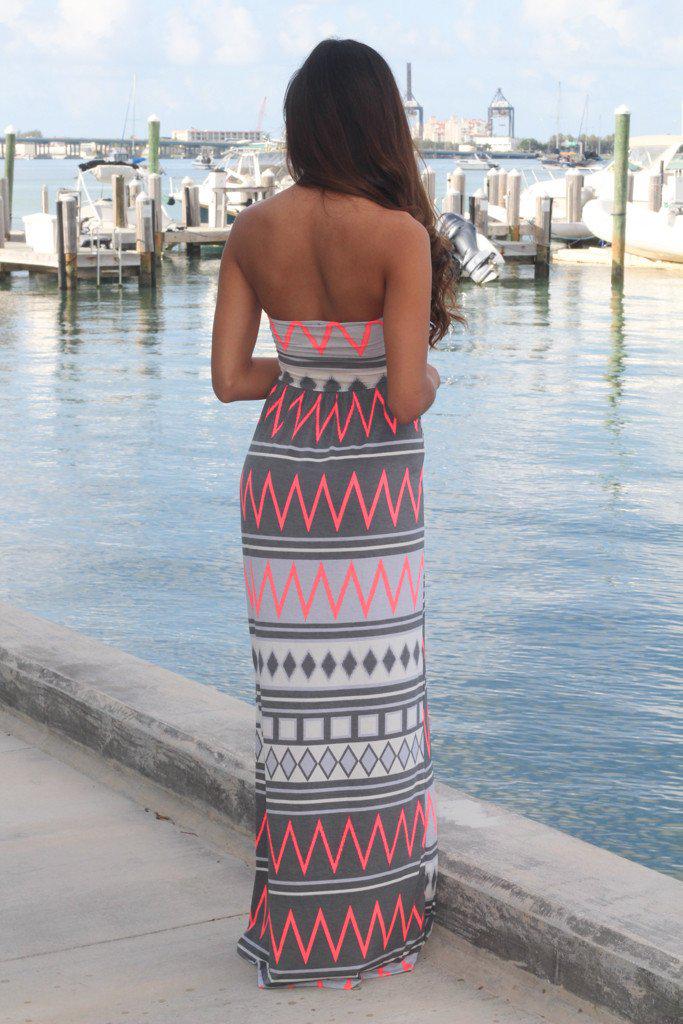 Gray And Neon Pink Maxi Dress With Pockets