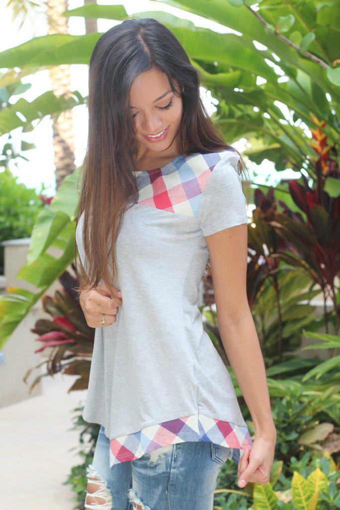 Gray And Plaid Asymmetrical Top