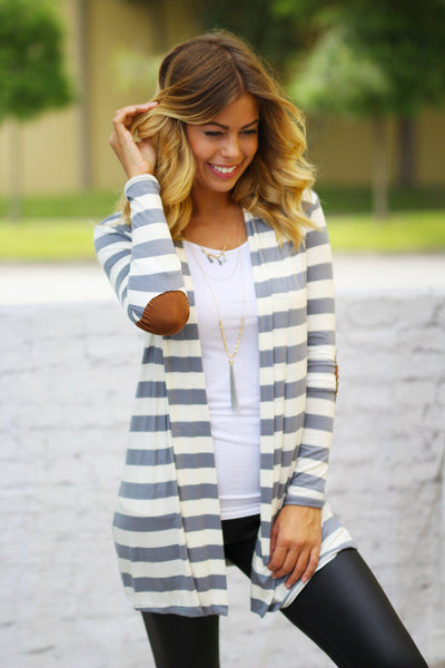Heather Gray and White Striped Cardigan