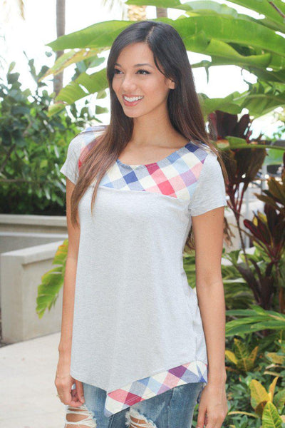 Gray And Plaid Asymmetrical Top