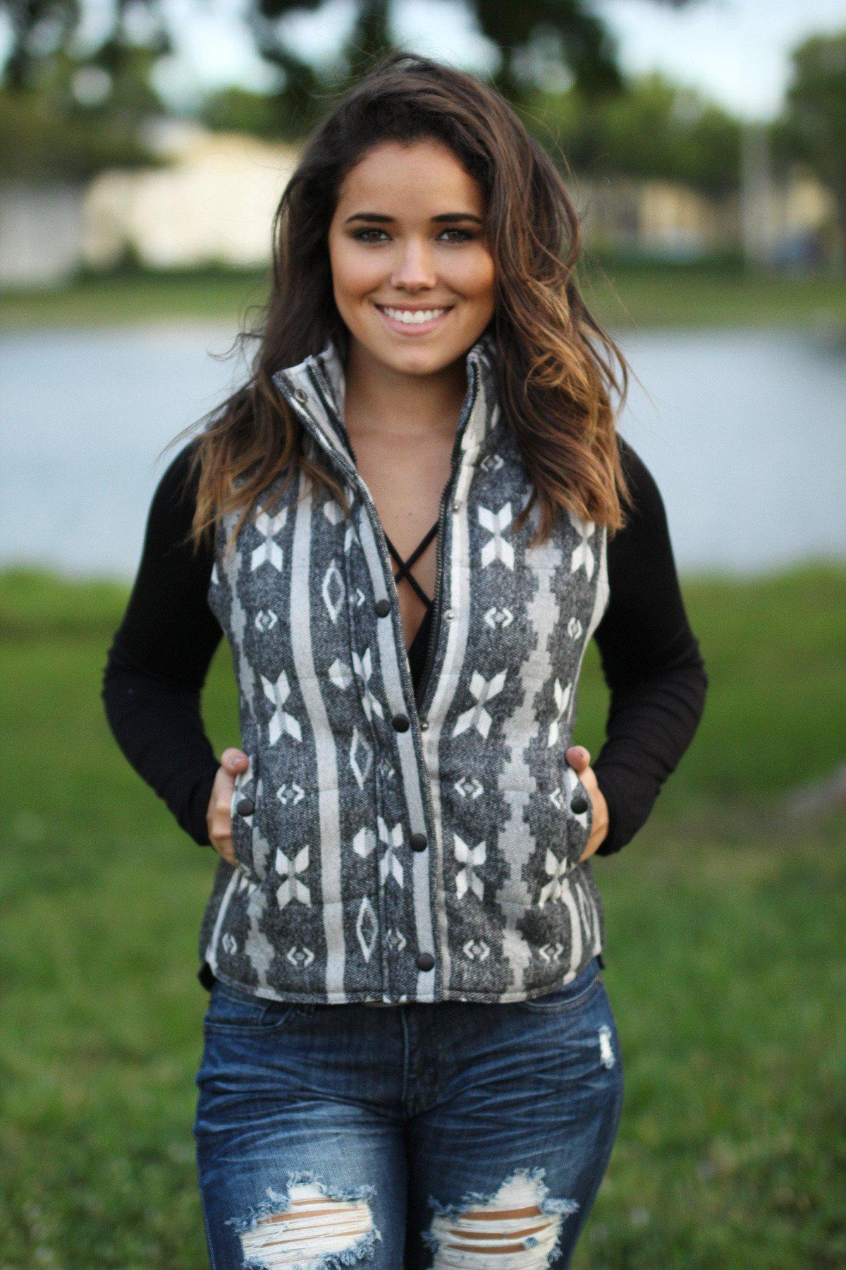 Gray Aztec Vest with Pockets | Aztec Print Vest | Cute Tops – Saved by ...