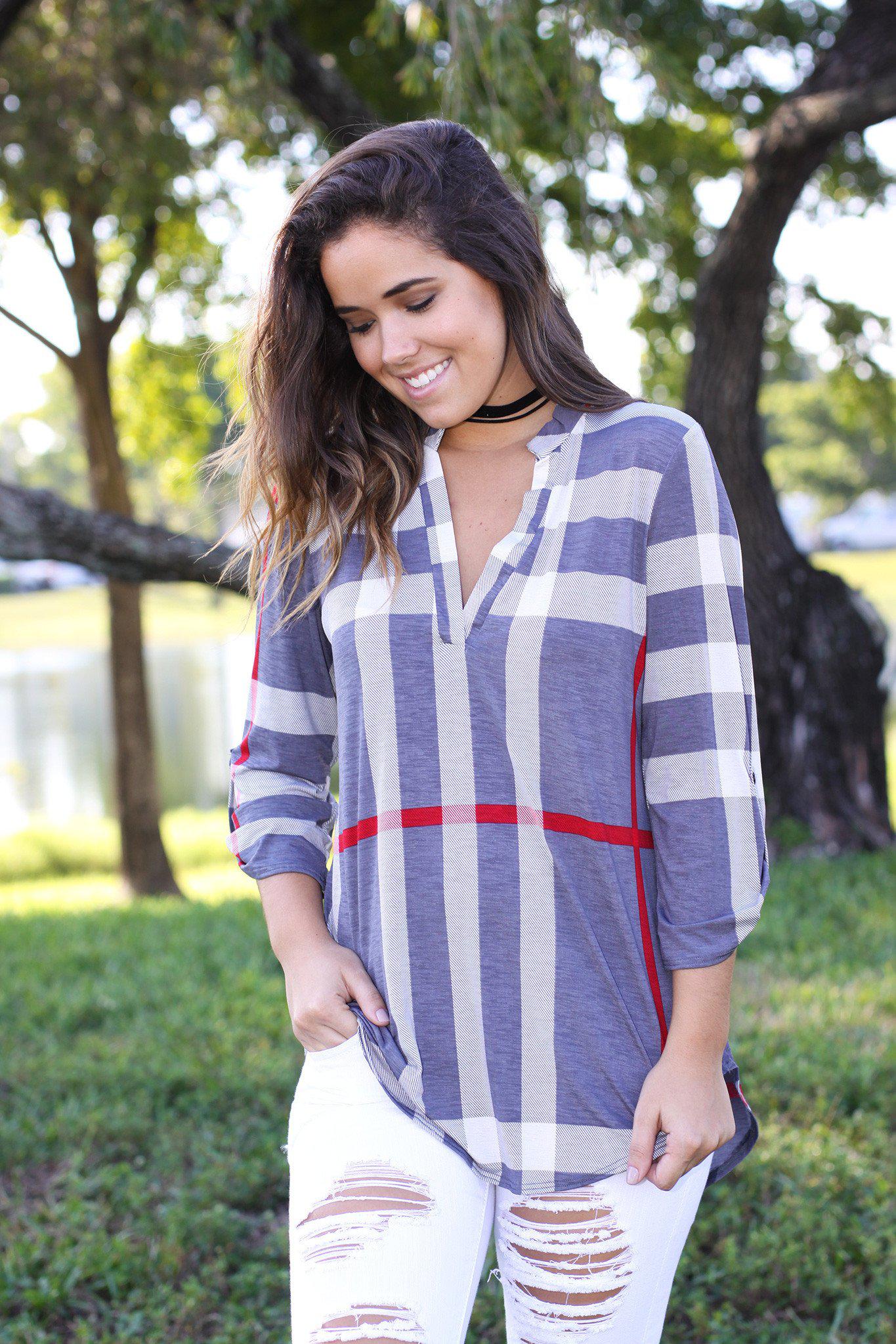 Gray Check Print 3/4 Sleeve Top | Gray Top | Check Print Top | Cute Top ...