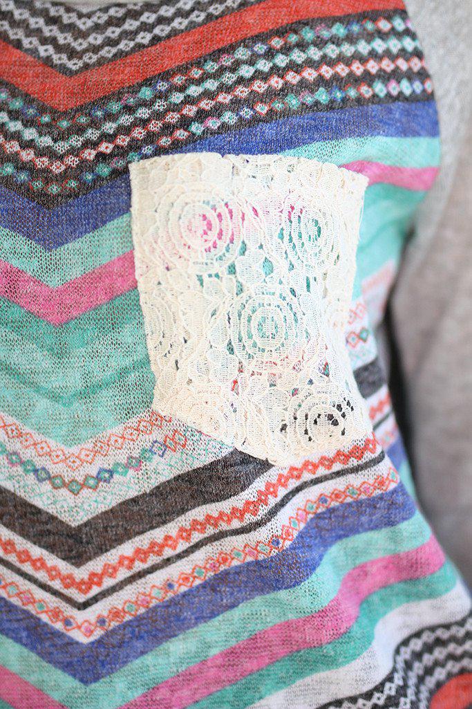 Gray Multi Color Chevron Top with Crochet Pocket