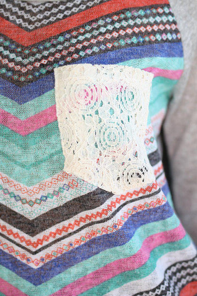 Gray Multi Color Chevron Top with Crochet Pocket