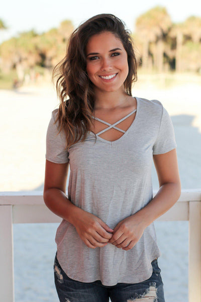 Gray Criss Cross Top with Short Sleeves