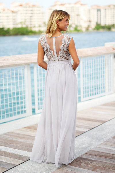 Gray Crochet Maxi Dress with Tulle Back