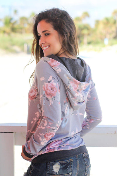 Gray Floral Hoodie with Pocket