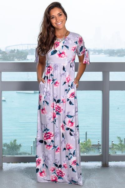 Gray Floral Maxi Dress with Tie Sleeves