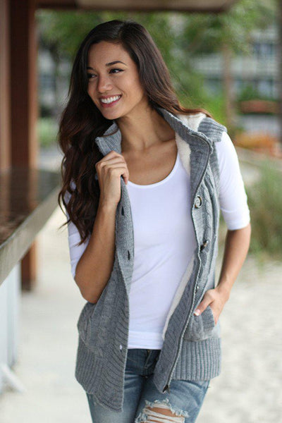 Gray Fur Sweater Vest With Hoodie