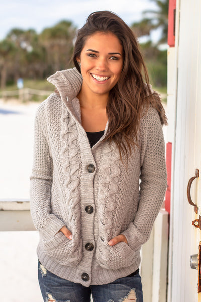 Gray Knit Sweater with Fur Hood