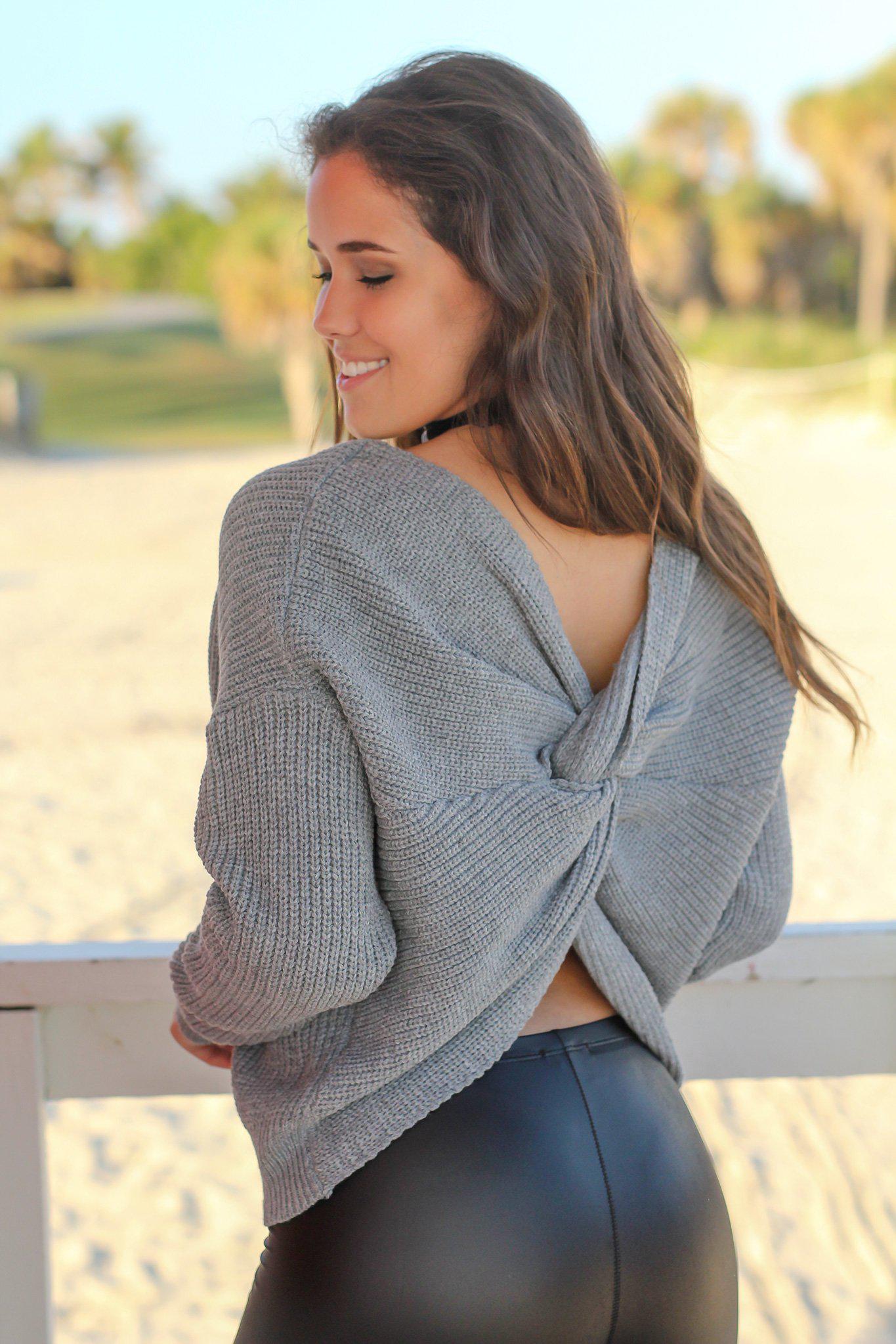 Gray Knit Sweater with Twist Detail