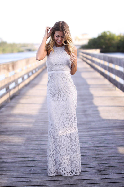 Gray Lace Maxi Dress with Criss Cross Back
