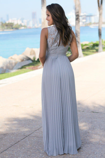 Gray Lace Maxi Dress with Pleated Skirt