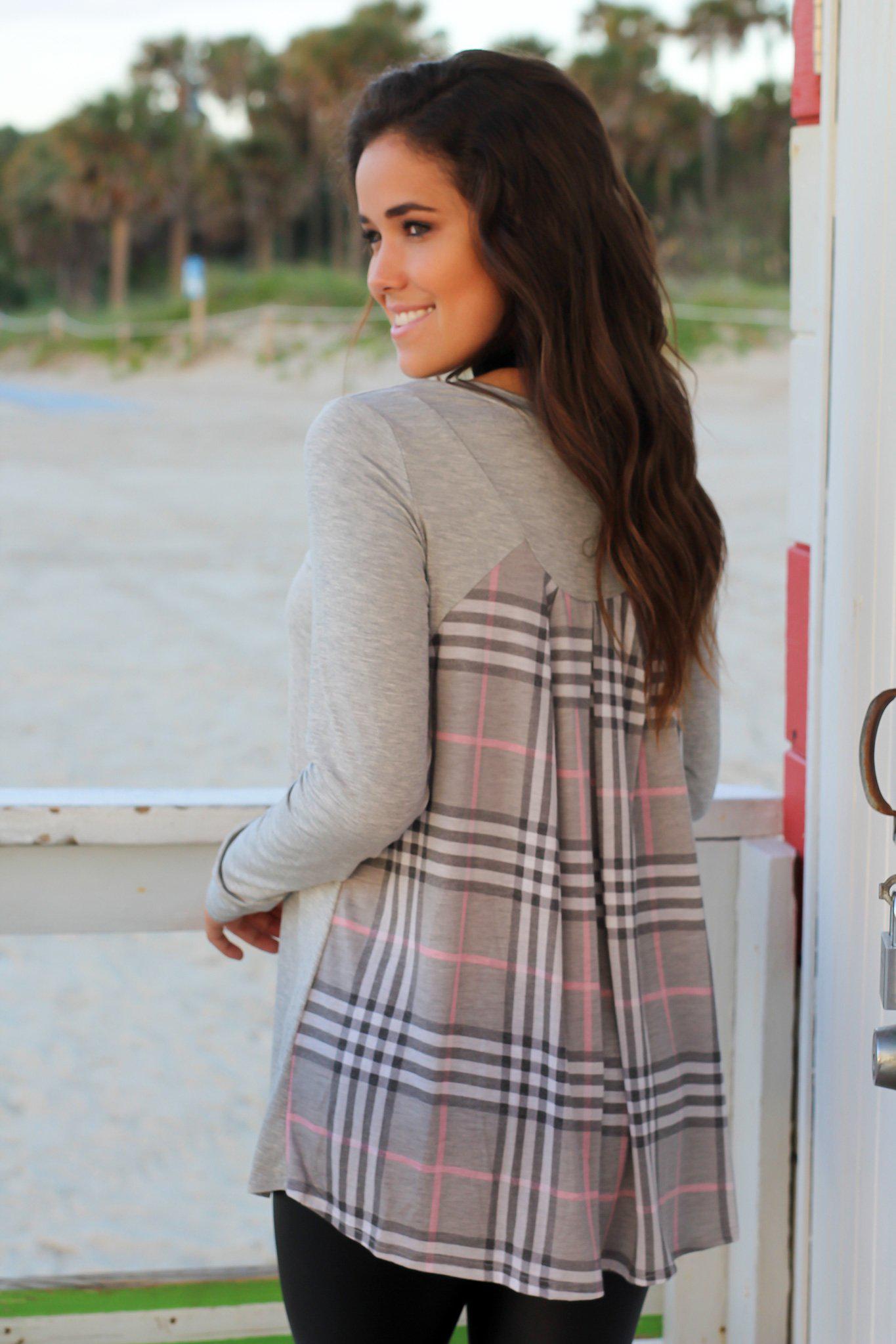 Gray Long Sleeve Top with Plaid Back
