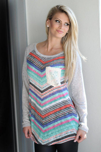 Gray Multi Color Chevron Top with Crochet Pocket