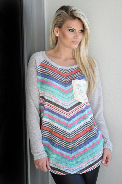 Gray Multi Color Chevron Top with Crochet Pocket