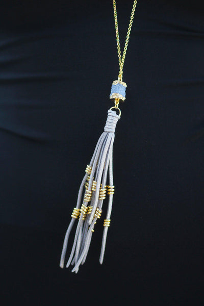Gray Druzy Necklace with Tassel