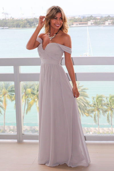 Gray Off Shoulder Maxi Dress with Pleated Top