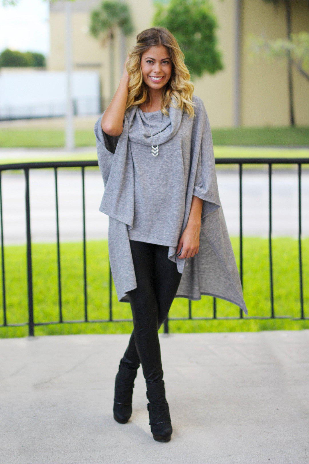 off shoulder poncho dress Gray Off Shoulder Poncho – Saved by the Dress