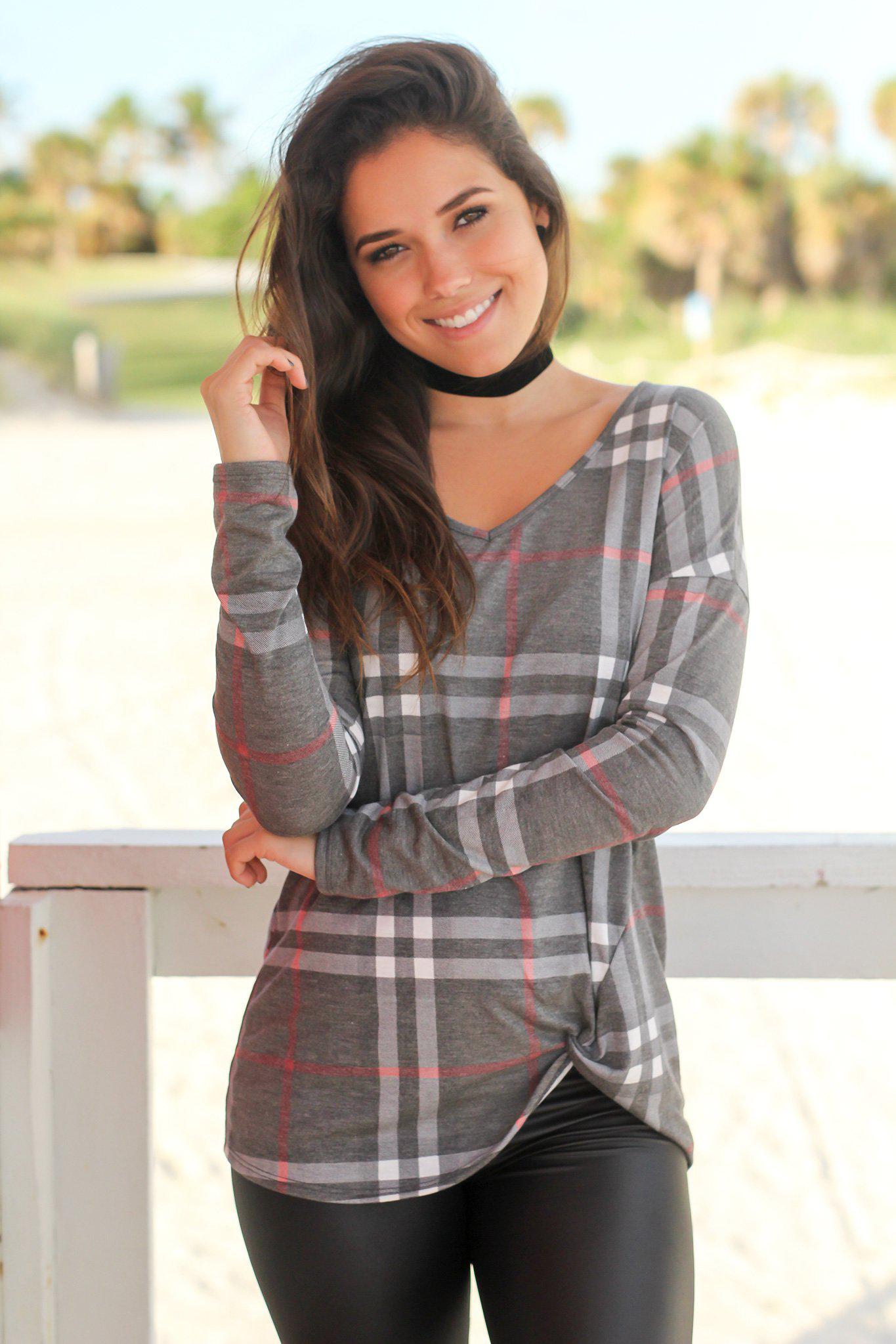Gray Plaid Long Sleeve Top with Knot