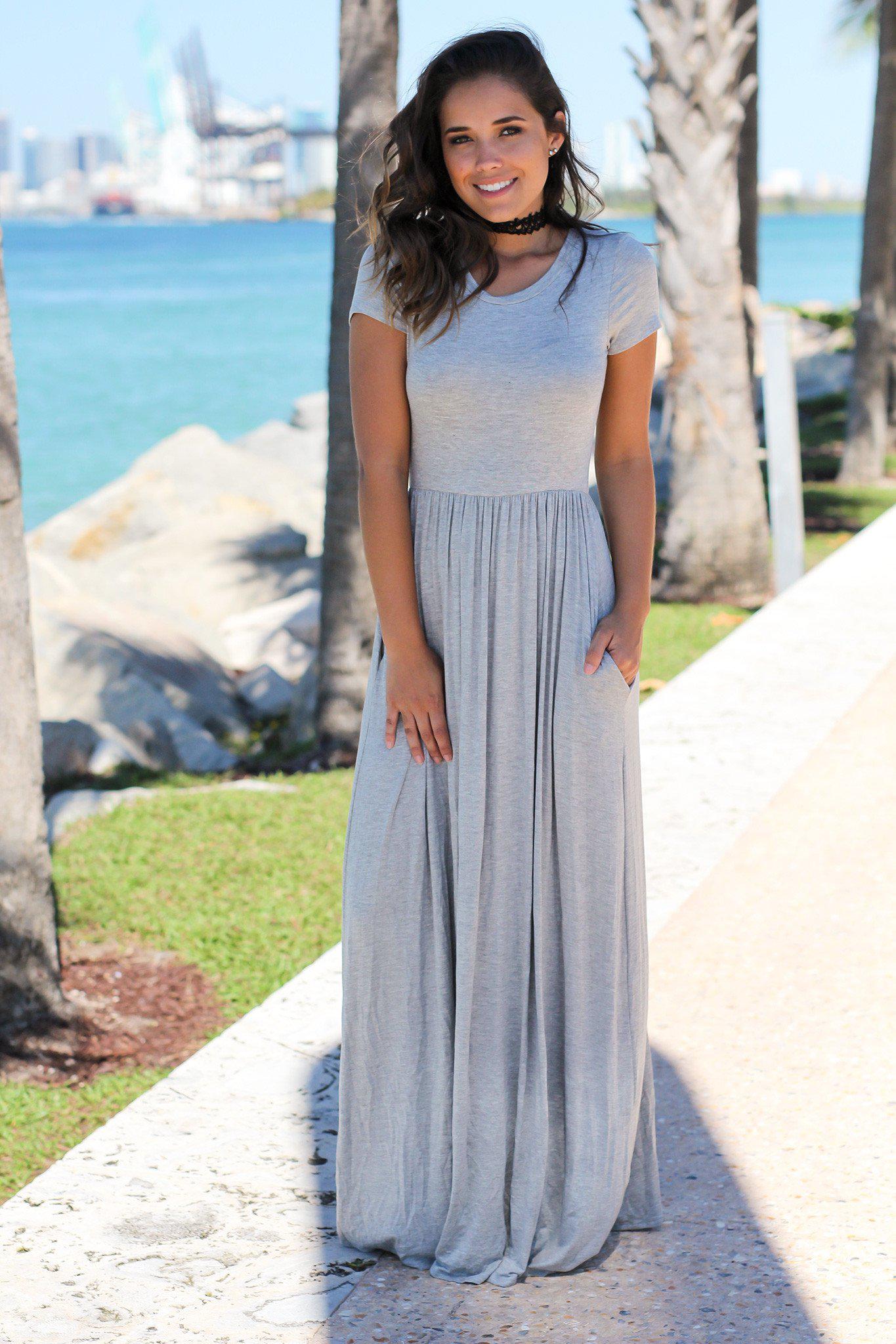 Gray Short Sleeve Maxi Dress with Pockets