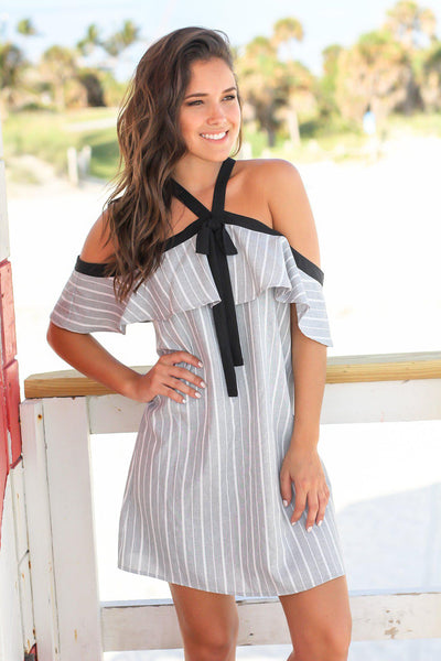 Gray Striped Off Shoulder Short Dress