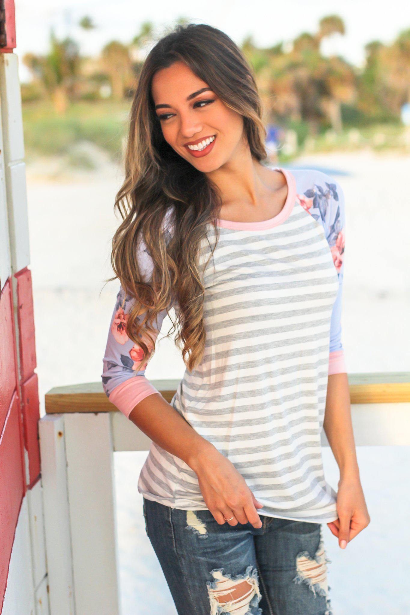 Gray Striped Top Floral 3/4 Sleeves