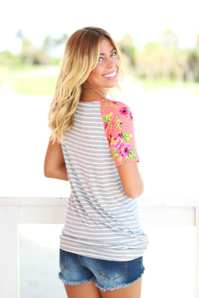 Gray Striped Top with Coral Floral Sleeves