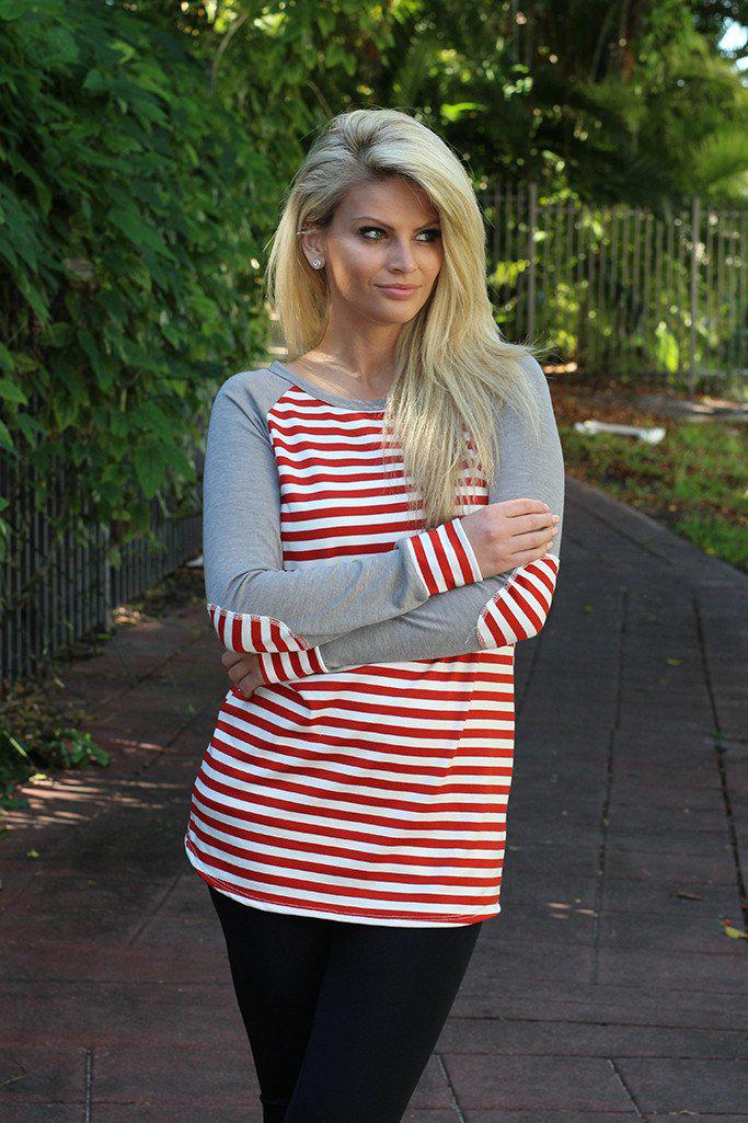 Red and Gray Striped Top with Elbow Patches