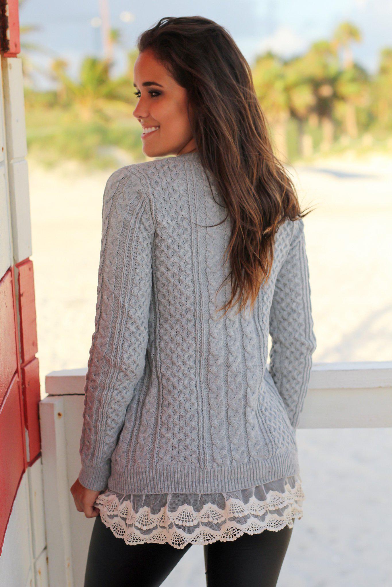 Gray Sweater with Lace Trim