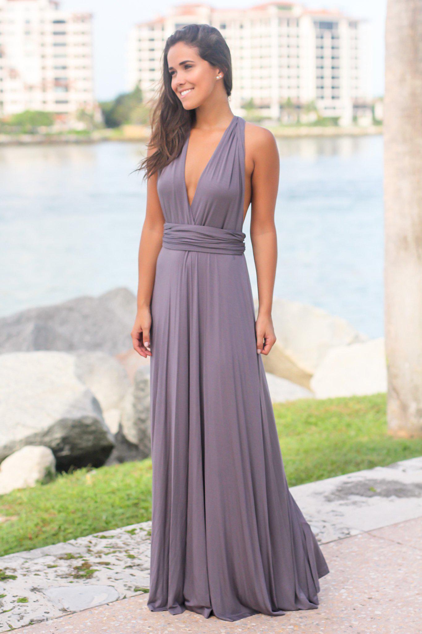 Gray Tie Maxi Dress with Open Back