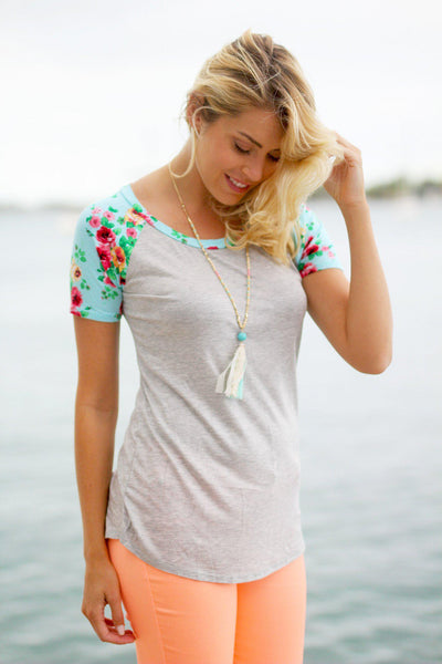 Heather Gray Top with Mint Floral Sleeves