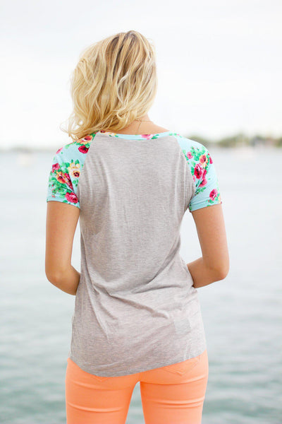 Heather Gray Top with Mint Floral Sleeves