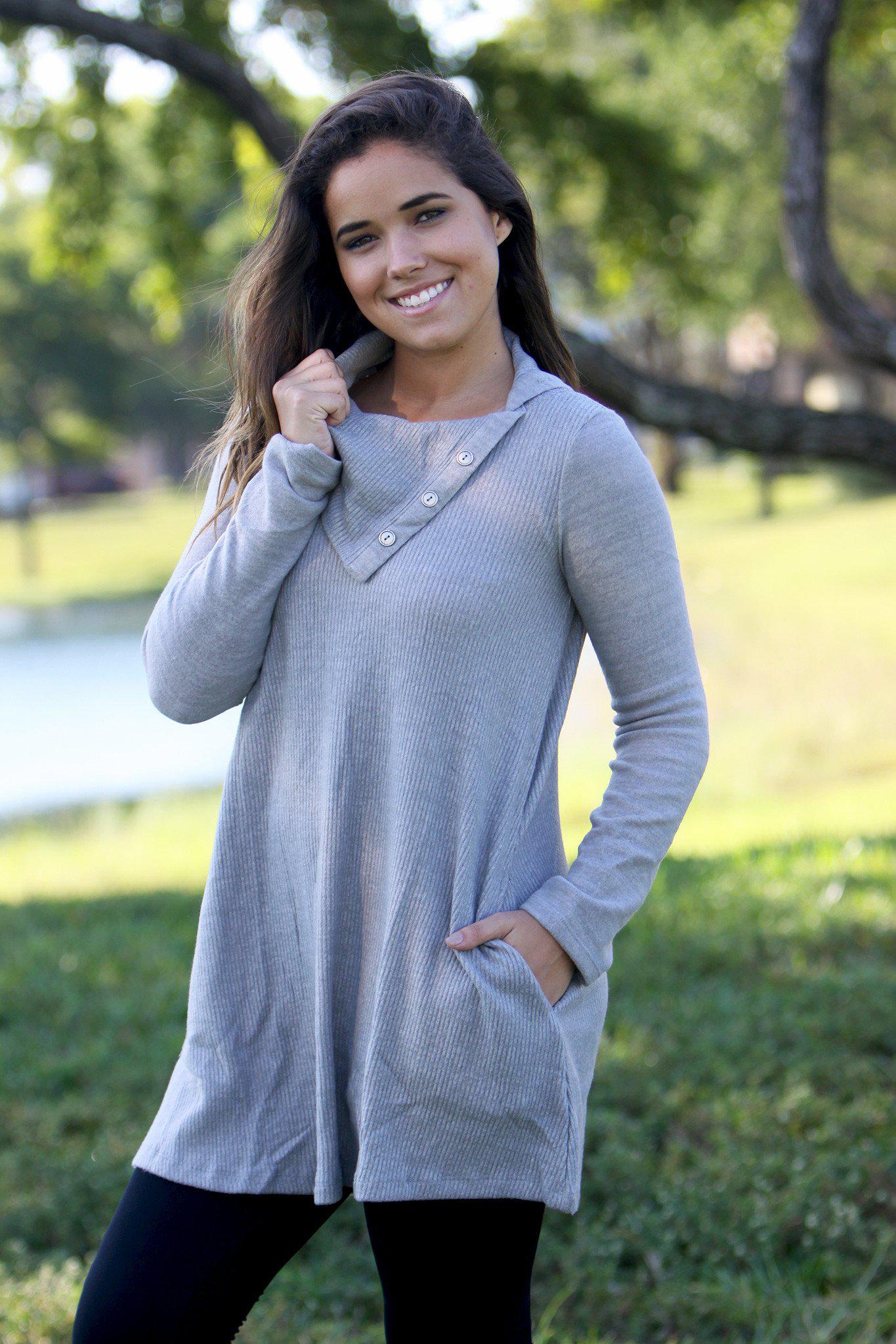 Gray Tunic Sweater with Buttons 