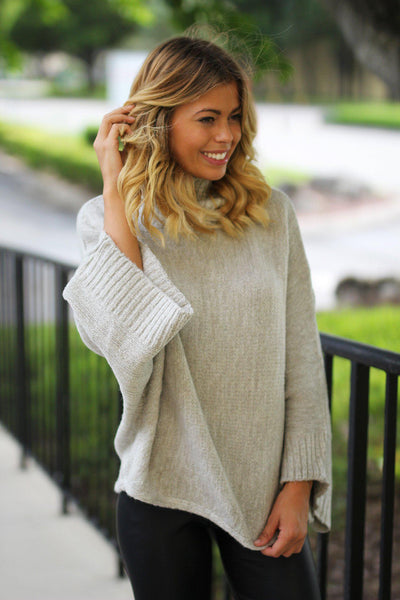 gray turtle neck sweater with bell sleeves